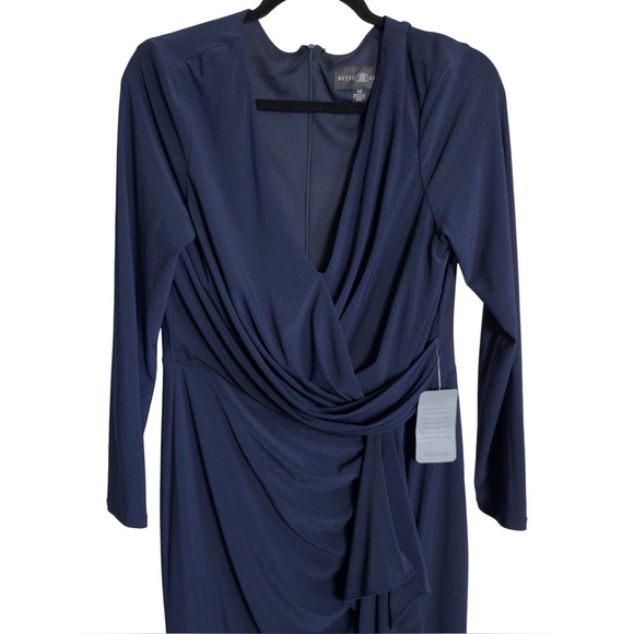New Betsy & Adam Navy  "Elle" Long Sleeve Side Ruffled Slit Gown Size 14 - Picture 12 of 15